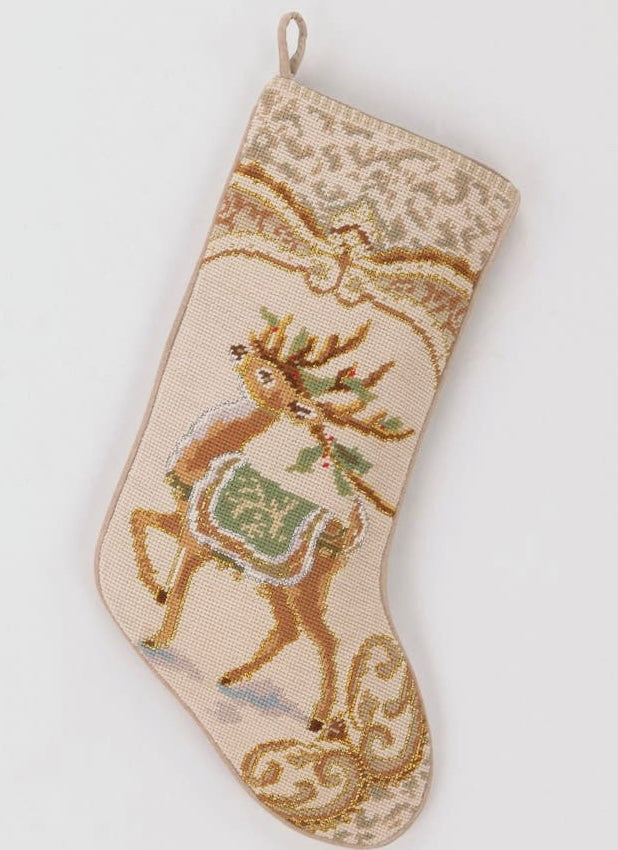 Reindeer Needlepoint Embroidered Stocking