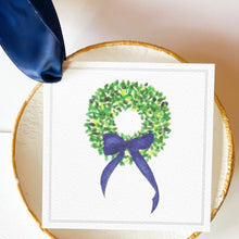 Load image into Gallery viewer, Watercolor Boxwood Wreath with Navy Bow Gift Tags - Set of 12