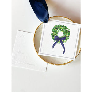 Watercolor Boxwood Wreath with Navy Bow Gift Tags - Set of 12