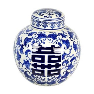 Blue & White Double Happiness Ginger Jar - 7.8"H