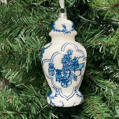 Blue and White Paneled Floral Ginger Jar Ornament