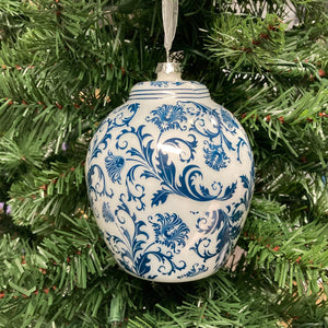 Blue and White Large Floral Flat Top Ginger Jar Ornament