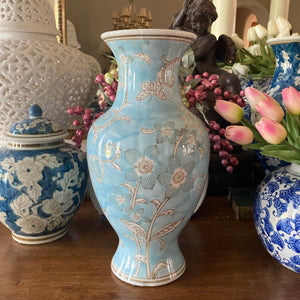14" Light Blue & White Chinoiserie Vase