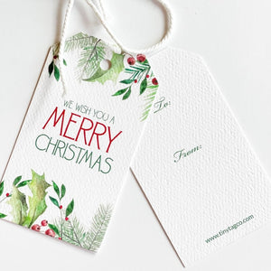 We Wish You A Merry Christmas Watercolor Greenery Gift Tag - Set of 12
