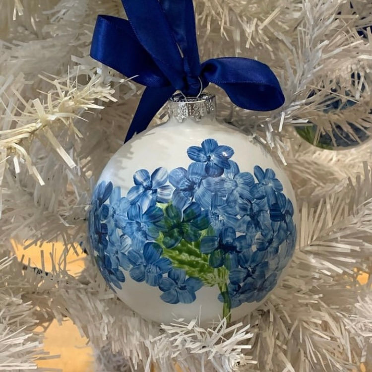 Hand-Painted Glass Ornament - Blue Hydrangeas